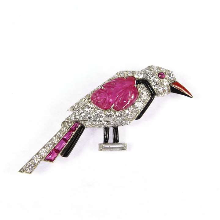 Ruby, diamond and enamel geometric bird brooch